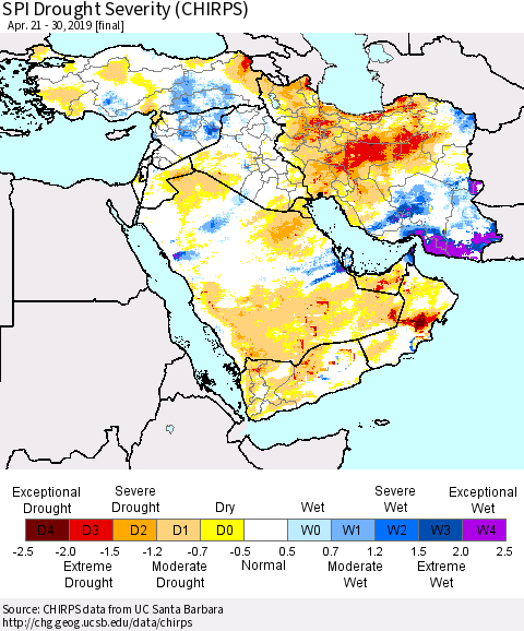 Middle East and Turkey SPI Drought Severity (CHIRPS) Thematic Map For 4/21/2019 - 4/30/2019