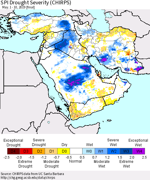 Middle East and Turkey SPI Drought Severity (CHIRPS) Thematic Map For 5/1/2019 - 5/10/2019