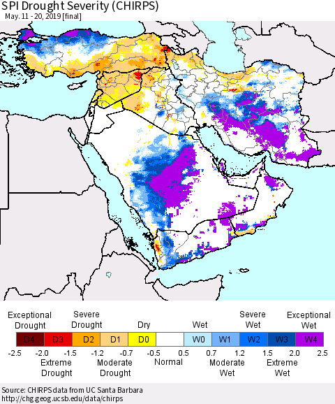 Middle East and Turkey SPI Drought Severity (CHIRPS) Thematic Map For 5/11/2019 - 5/20/2019