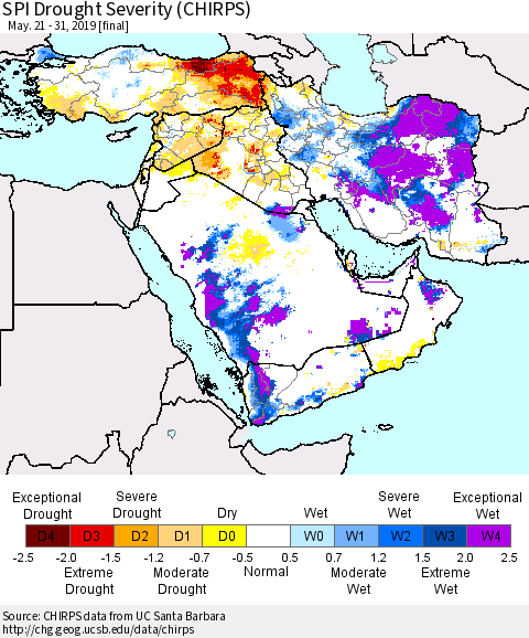 Middle East and Turkey SPI Drought Severity (CHIRPS) Thematic Map For 5/21/2019 - 5/31/2019