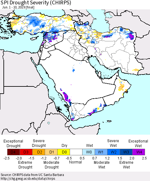 Middle East and Turkey SPI Drought Severity (CHIRPS) Thematic Map For 6/1/2019 - 6/10/2019