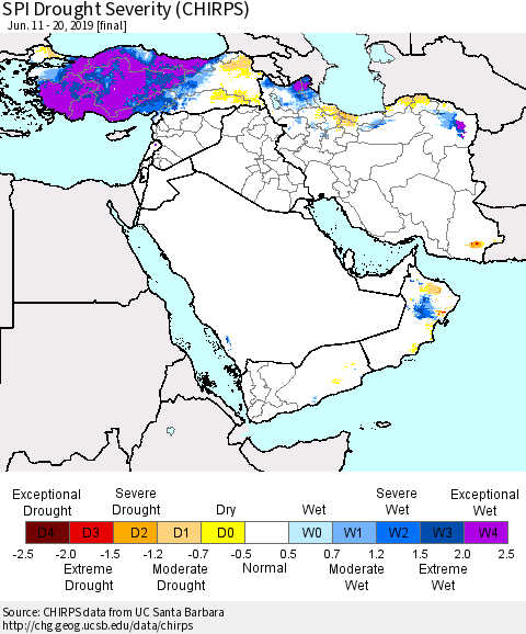Middle East and Turkey SPI Drought Severity (CHIRPS) Thematic Map For 6/11/2019 - 6/20/2019