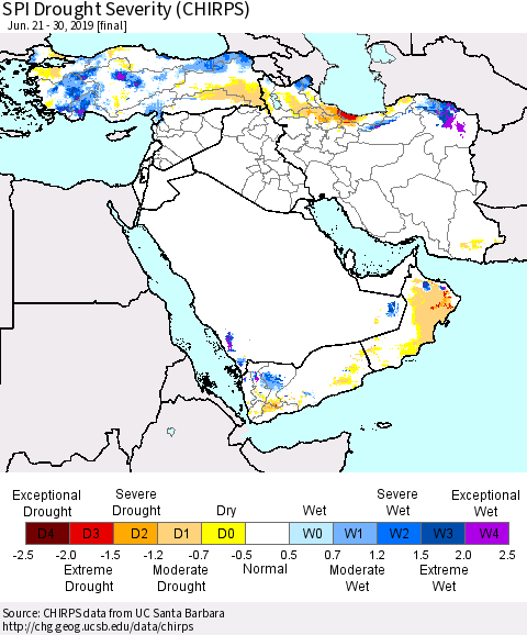 Middle East and Turkey SPI Drought Severity (CHIRPS) Thematic Map For 6/21/2019 - 6/30/2019