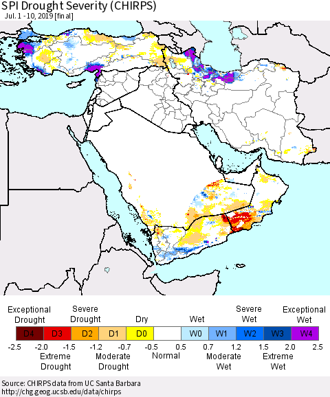 Middle East and Turkey SPI Drought Severity (CHIRPS) Thematic Map For 7/1/2019 - 7/10/2019