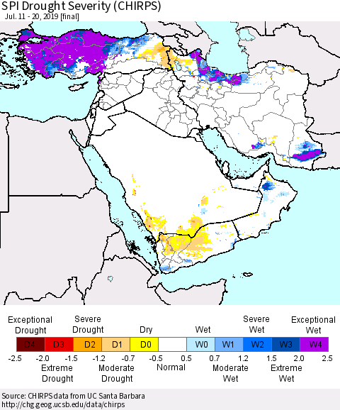 Middle East and Turkey SPI Drought Severity (CHIRPS) Thematic Map For 7/11/2019 - 7/20/2019