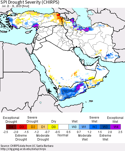 Middle East and Turkey SPI Drought Severity (CHIRPS) Thematic Map For 7/21/2019 - 7/31/2019