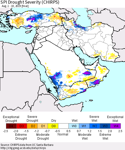 Middle East and Turkey SPI Drought Severity (CHIRPS) Thematic Map For 8/1/2019 - 8/10/2019