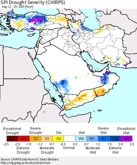 Middle East and Turkey SPI Drought Severity (CHIRPS) Thematic Map For 8/11/2019 - 8/20/2019