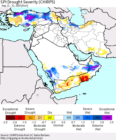 Middle East and Turkey SPI Drought Severity (CHIRPS) Thematic Map For 8/21/2019 - 8/31/2019