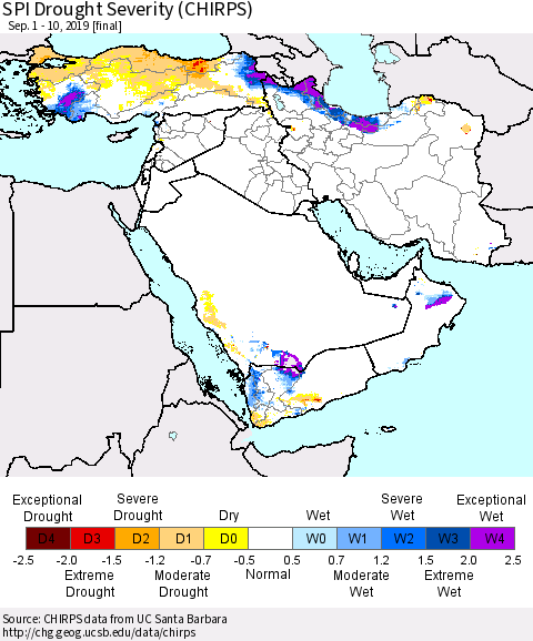Middle East and Turkey SPI Drought Severity (CHIRPS) Thematic Map For 9/1/2019 - 9/10/2019