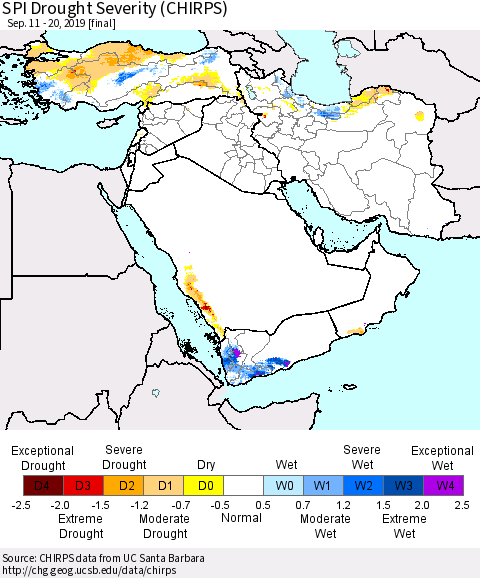 Middle East and Turkey SPI Drought Severity (CHIRPS) Thematic Map For 9/11/2019 - 9/20/2019