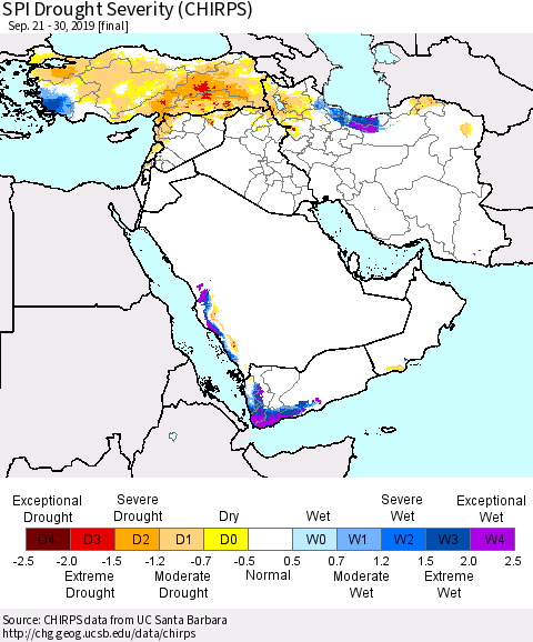 Middle East and Turkey SPI Drought Severity (CHIRPS) Thematic Map For 9/21/2019 - 9/30/2019