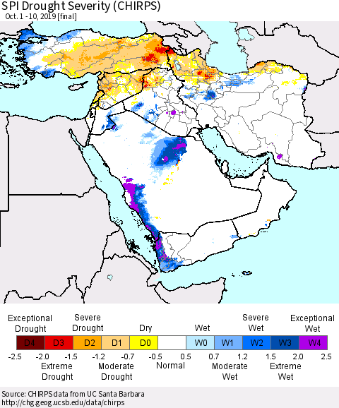 Middle East and Turkey SPI Drought Severity (CHIRPS) Thematic Map For 10/1/2019 - 10/10/2019
