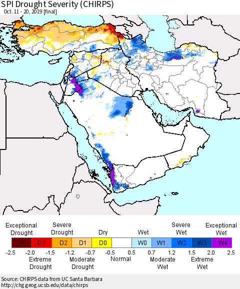 Middle East and Turkey SPI Drought Severity (CHIRPS) Thematic Map For 10/11/2019 - 10/20/2019