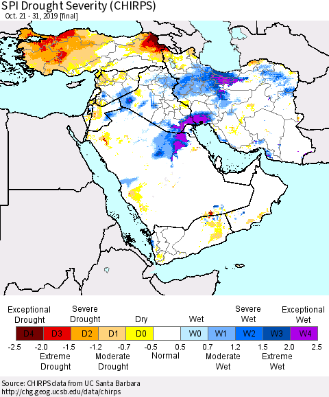 Middle East and Turkey SPI Drought Severity (CHIRPS) Thematic Map For 10/21/2019 - 10/31/2019