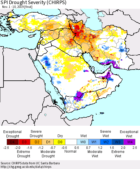 Middle East and Turkey SPI Drought Severity (CHIRPS) Thematic Map For 11/1/2019 - 11/10/2019