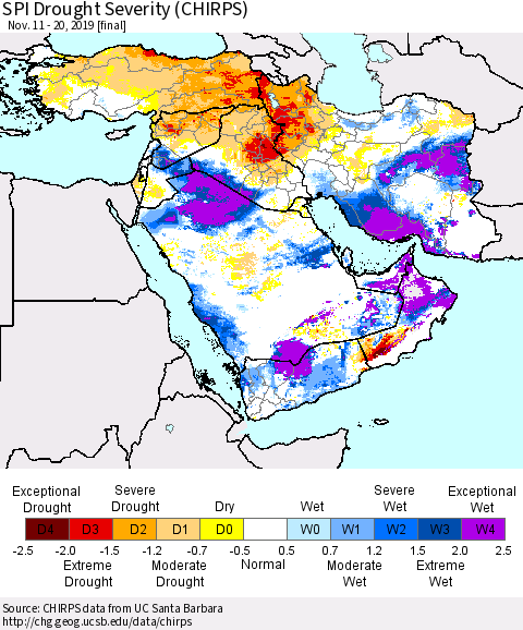 Middle East and Turkey SPI Drought Severity (CHIRPS) Thematic Map For 11/11/2019 - 11/20/2019