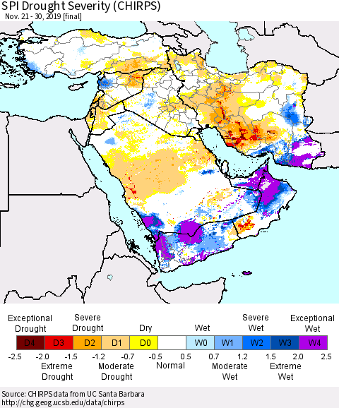 Middle East and Turkey SPI Drought Severity (CHIRPS) Thematic Map For 11/21/2019 - 11/30/2019