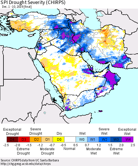 Middle East and Turkey SPI Drought Severity (CHIRPS) Thematic Map For 12/1/2019 - 12/10/2019