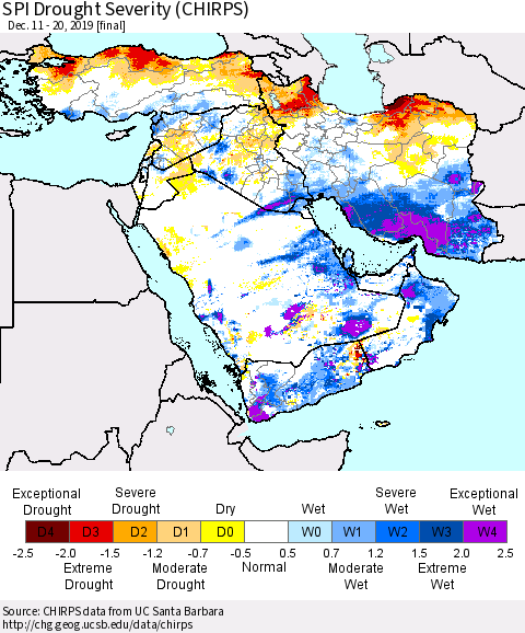 Middle East and Turkey SPI Drought Severity (CHIRPS) Thematic Map For 12/11/2019 - 12/20/2019