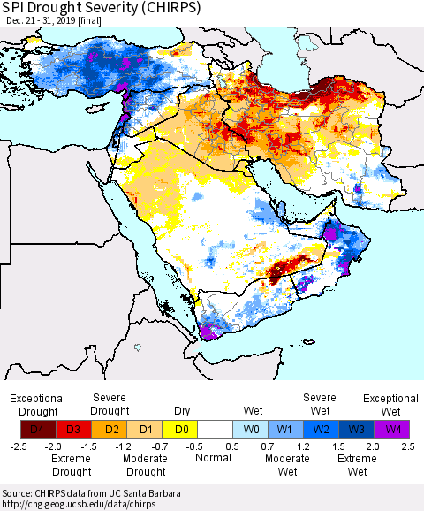 Middle East and Turkey SPI Drought Severity (CHIRPS) Thematic Map For 12/21/2019 - 12/31/2019