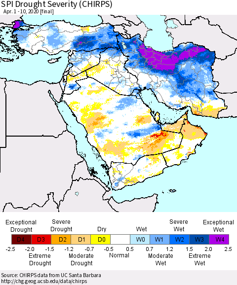 Middle East and Turkey SPI Drought Severity (CHIRPS) Thematic Map For 4/1/2020 - 4/10/2020