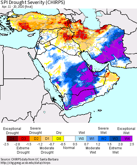 Middle East and Turkey SPI Drought Severity (CHIRPS) Thematic Map For 4/11/2020 - 4/20/2020