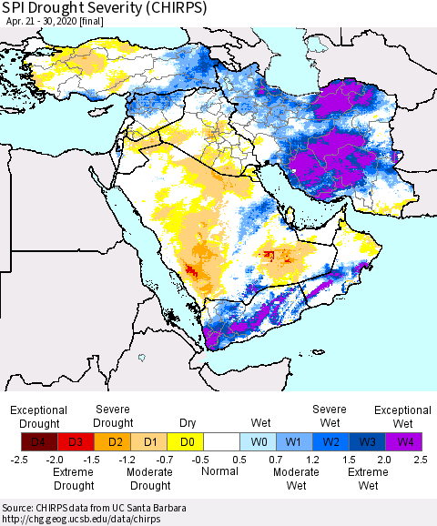Middle East and Turkey SPI Drought Severity (CHIRPS) Thematic Map For 4/21/2020 - 4/30/2020