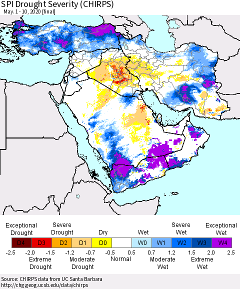 Middle East and Turkey SPI Drought Severity (CHIRPS) Thematic Map For 5/1/2020 - 5/10/2020