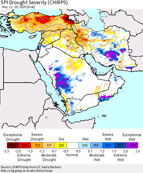 Middle East and Turkey SPI Drought Severity (CHIRPS) Thematic Map For 5/11/2020 - 5/20/2020