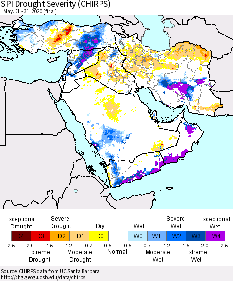 Middle East and Turkey SPI Drought Severity (CHIRPS) Thematic Map For 5/21/2020 - 5/31/2020