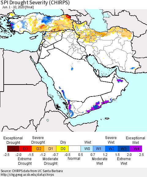 Middle East and Turkey SPI Drought Severity (CHIRPS) Thematic Map For 6/1/2020 - 6/10/2020