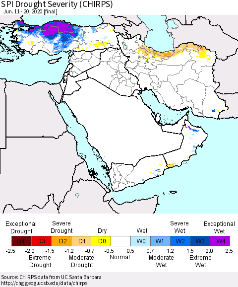 Middle East and Turkey SPI Drought Severity (CHIRPS) Thematic Map For 6/11/2020 - 6/20/2020
