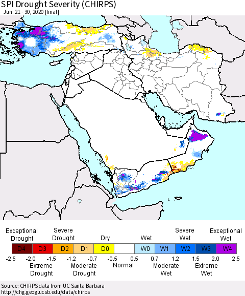 Middle East and Turkey SPI Drought Severity (CHIRPS) Thematic Map For 6/21/2020 - 6/30/2020