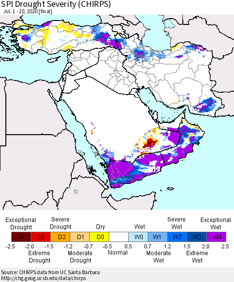 Middle East and Turkey SPI Drought Severity (CHIRPS) Thematic Map For 7/1/2020 - 7/10/2020