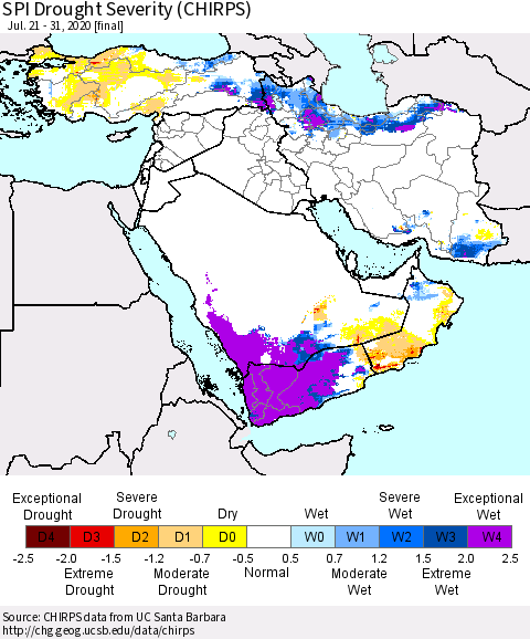 Middle East and Turkey SPI Drought Severity (CHIRPS) Thematic Map For 7/21/2020 - 7/31/2020