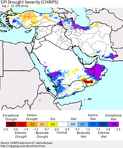 Middle East and Turkey SPI Drought Severity (CHIRPS) Thematic Map For 8/1/2020 - 8/10/2020