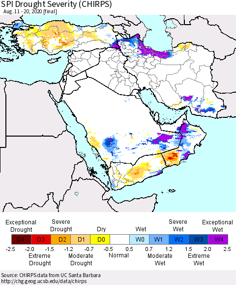Middle East and Turkey SPI Drought Severity (CHIRPS) Thematic Map For 8/11/2020 - 8/20/2020