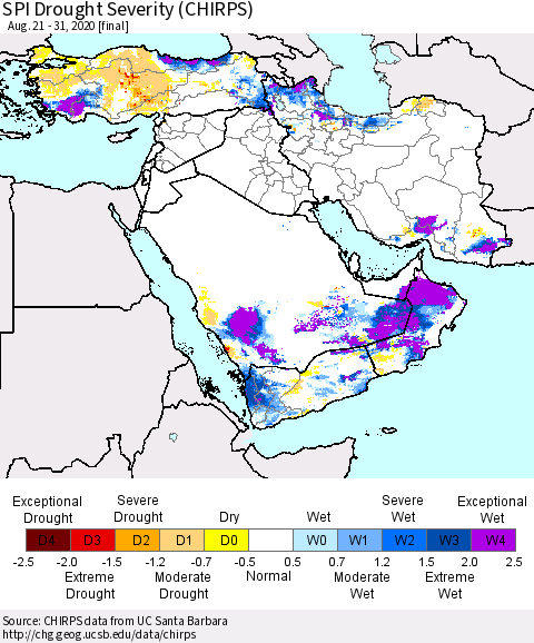 Middle East and Turkey SPI Drought Severity (CHIRPS) Thematic Map For 8/21/2020 - 8/31/2020
