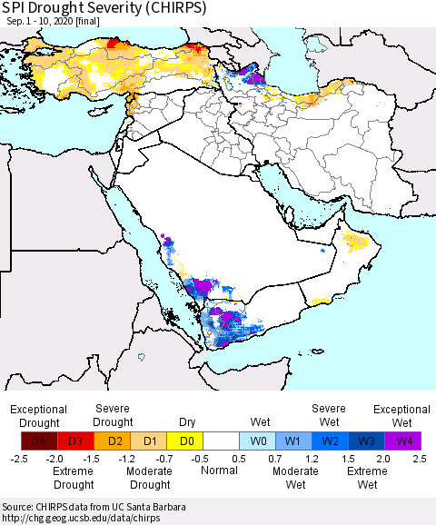 Middle East and Turkey SPI Drought Severity (CHIRPS) Thematic Map For 9/1/2020 - 9/10/2020