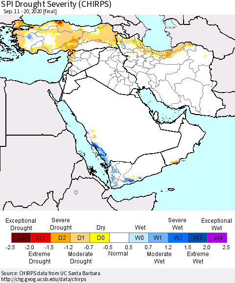 Middle East and Turkey SPI Drought Severity (CHIRPS) Thematic Map For 9/11/2020 - 9/20/2020