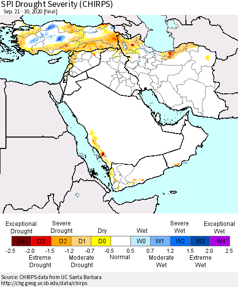 Middle East and Turkey SPI Drought Severity (CHIRPS) Thematic Map For 9/21/2020 - 9/30/2020