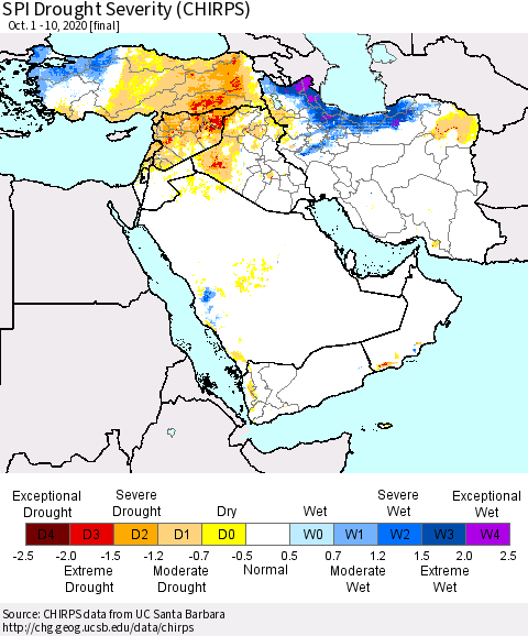 Middle East and Turkey SPI Drought Severity (CHIRPS) Thematic Map For 10/1/2020 - 10/10/2020