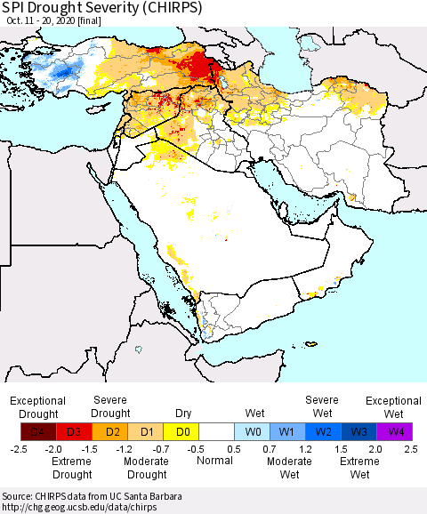 Middle East and Turkey SPI Drought Severity (CHIRPS) Thematic Map For 10/11/2020 - 10/20/2020