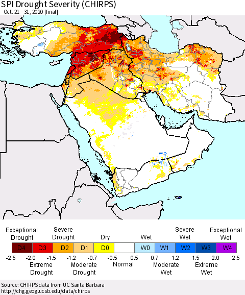 Middle East and Turkey SPI Drought Severity (CHIRPS) Thematic Map For 10/21/2020 - 10/31/2020
