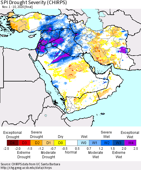 Middle East and Turkey SPI Drought Severity (CHIRPS) Thematic Map For 11/1/2020 - 11/10/2020