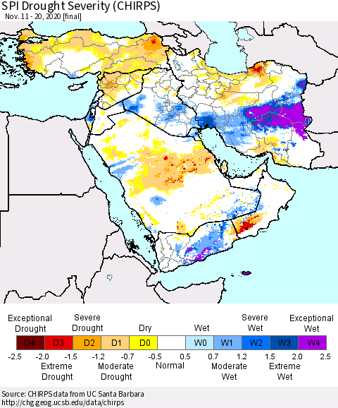Middle East and Turkey SPI Drought Severity (CHIRPS) Thematic Map For 11/11/2020 - 11/20/2020