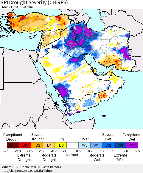 Middle East and Turkey SPI Drought Severity (CHIRPS) Thematic Map For 11/21/2020 - 11/30/2020