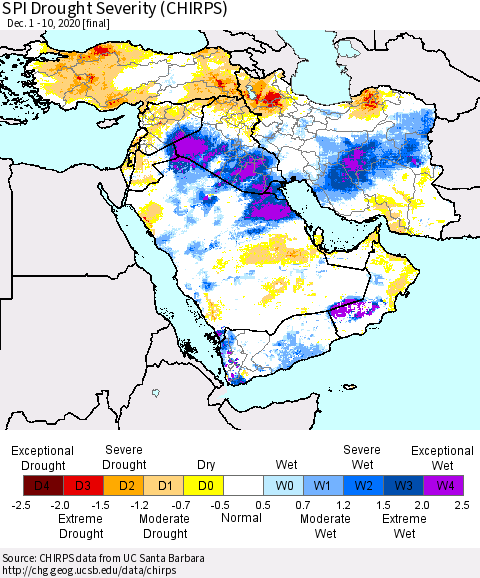 Middle East and Turkey SPI Drought Severity (CHIRPS) Thematic Map For 12/1/2020 - 12/10/2020
