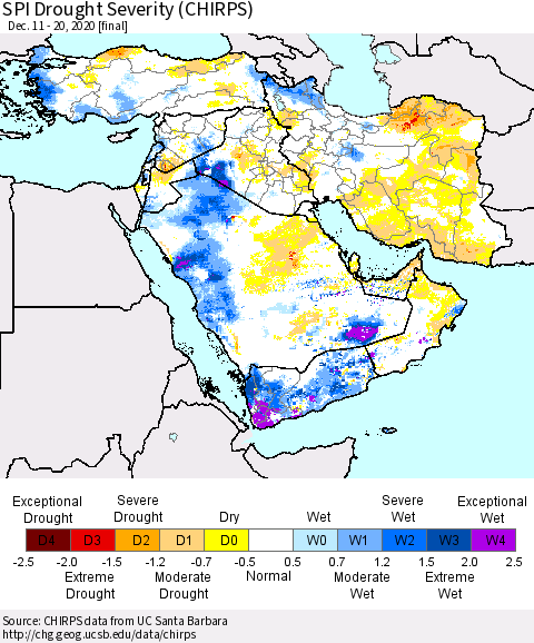 Middle East and Turkey SPI Drought Severity (CHIRPS) Thematic Map For 12/11/2020 - 12/20/2020